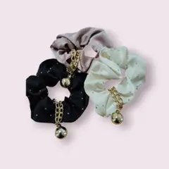 シュシュ3点セット／ゴールドチェーン付き／大人可愛い／上品／ヘアアクセ