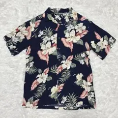 IOLANI アロハシャツ　ハワイ製　イオラニ　ネイビー　花柄