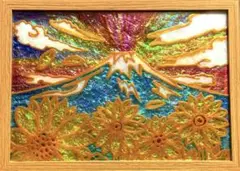 朝焼けと富士開運幸運絵画ステンドグラスガラス絵の具ハンドメイド手書きイラスト風景