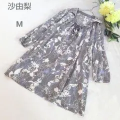 沙由梨 さゆり ボーダー 花柄 五分袖 カットソー サイズM 紺✕白 リボン