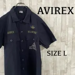 【美品】AVIREX ロゴ刺繍 半袖 ミリタリーシャツネイビー サイズL