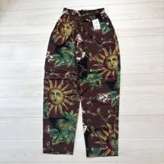 90s 総柄児島イージーパンツ新品タグ付き　レトロ柄　赤茶色　太陽柄