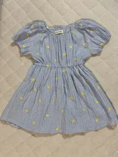 レモン刺繍 半袖ワンピース 水色 90