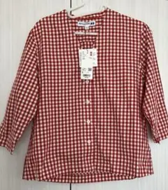 ユニクロイネス　コットンVネックシャツ　ギンガムチェックレッドS 【新品未使用】