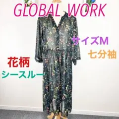 C084 GLOBAL WORK 花柄シースルーワンピース Mサイズ 七分袖