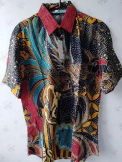 Batik バティック シャツ - ブラック & グリーン (L-半袖)