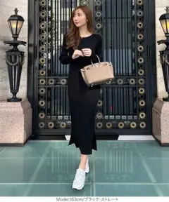 今期 リブニットロングスリーブワンピース ネイビー ストレート