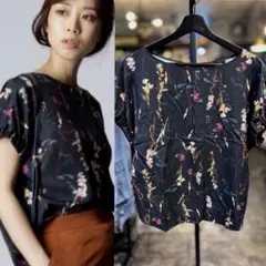 【新品同様】UNTITLED 花柄ボタニカル転写カットソー半袖Tシャツ大きめ2黒