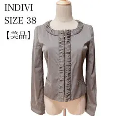 【美品】INDIVI ノーカラージャケット 38 日本製 グレー ショート丈