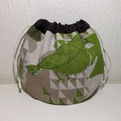 鳥柄グラフィックgreen*まんまるミニ巾着