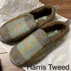 ハリスツイード 中ボア フラットシューズ 24 24.5 チェック レディース