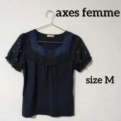 axes femme　レディース　トップス　半袖　刺繍　レース　ネイビー　M