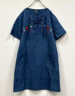 美品　マリークワント　MARYQUANT　デニム　刺繍　ワンピース　半袖　レトロ