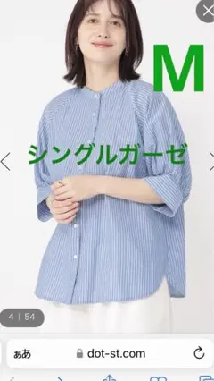 スタディオクリップ　シングルガーゼ　ビッグカフスブラウス　ストライプ　ブルー
