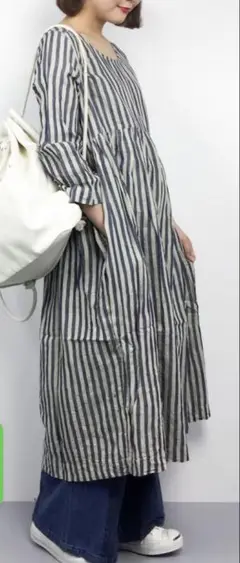 極美品♪ichi コットン/リネン インディゴストライプ ワンピース