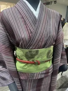 未使用 洗える紫と赤のストライプ着物