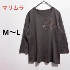 【マリムラ】オリーブ　五分袖 Tシャツ 花柄刺繍 カットソー　短丈　七分袖