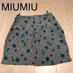 ミュウミュウ イタリア製 シルクミニスカート プリント 総柄デザイン ロゴ入り