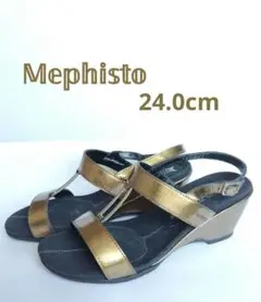 高級 Mephisto✨ 本革 ゴールド ウェッジサンダル 24 メフィスト
