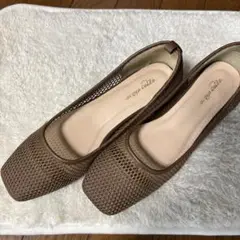 メッシュ　スクエアトゥフラットシューズ　ブラウン