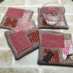 【送料込】刺し子　コースター4枚セット　ハンドメイド　古民家　ナチュラル38
