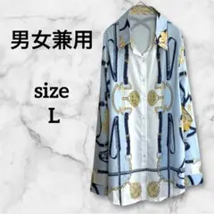 男女兼用　スカーフ柄　ゴージャス　バブル　水色　馬具プリント　シャツ