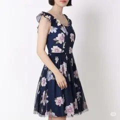 《美品》チュール花柄ワンピース／MIIA ネイビー フリル袖