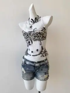 y2k 平成ギャル　kitty柄キャミソール レオパードキャミソール　punk風