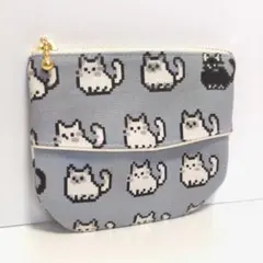グレーのピクセルにゃんこ　ティッシュケース ミニポーチ　ハンドメイド
