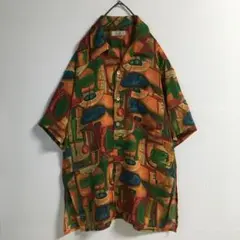 90s 古着 筆描き風アート オープンカラーシャツ 透け感 L相当 シェルボタン