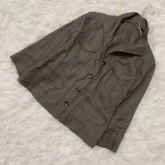 【モカ】ブラウン ミリタリー　リネンジャケット　スタンドカラー七分袖　ポケット