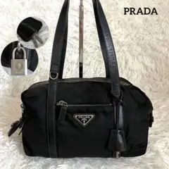 良品✨プラダ ミニ ボストンバッグ 三角プレート ナイロン 黒 レザー 南京錠