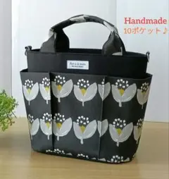 ハンドメイド★ポケットいっぱいトート★帆布×北欧フラワーアート柄