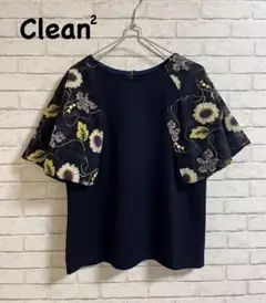美品★ Clean2 フラワー刺繍メッシュ袖カットソー　日本製