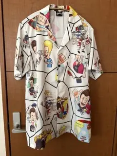 ビーバス&バットヘッド　オープンカラーシャツ　開襟シャツ　総柄　 半袖シャツ