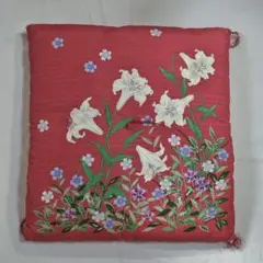 白ユリ他の花柄 銘仙判 55×59cm 座布団 2枚組 座布団袋サービス