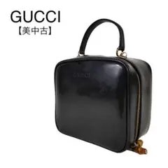 美品★グッチ レザーミニハンドバッグ バンブー 本革 黒金 高級 化粧品入れ