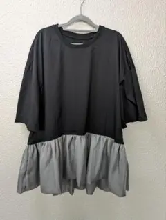 フリル付き黒とグレーの半袖チュニック ❖ゆったりサイズ