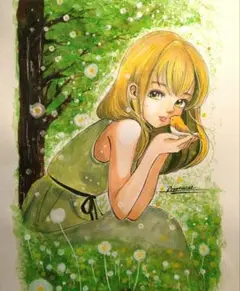 手描きイラストA4　コピック・水彩画『妖精のかくれんぼ』