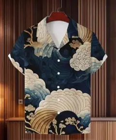 新品●アロハシャツ 波と雲のデザイン 半袖●S