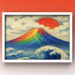 七色に輝く富士山が波動が運を呼ぶ　額縁付き　開運グラフィック