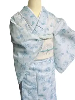 ユ2洗える　夏着物　水色　敷当付き　ポリエステル