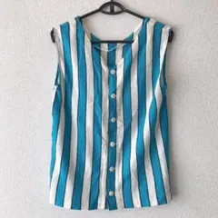 VINTAGE レトロ古着 ストライプ　ニット タンクトップ　ターコイズ 白