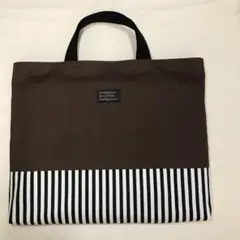 ブラウン/細ストライプ　レッスンバッグ　トートバッグ