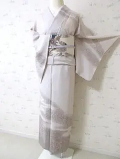 値下げ～夏の訪問着・ススキと流水・ベージュ正絹絽・小柄・１１号　M‐18