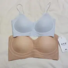 【新品未使用】シームレス ブラジャー 2枚組 セット 水色 ベージュ ラメ L
