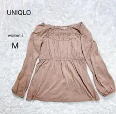 【UNIQLO】刺繍ブラウス M モカ系 綿100 長袖 ナチュラル