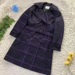 美品　Caxa トレンチコート　黒　紫　チェック　ベルテッド　ダブル　Mサイズ