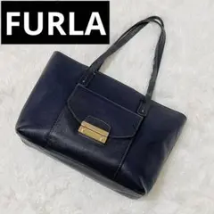 【極美品】フルラ トートバッグ 肩がけ レザー A4可 大容量 ネイビー