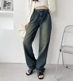Miniministoreウエストホックハイウエストワイドストレートデニムパンツ